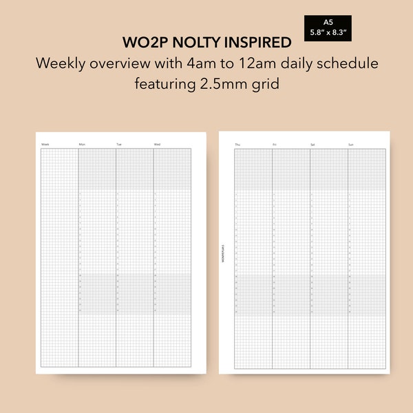 A5 Nolty Inspired Weekly 2.5mm Grid, Weekly Planner Pages, Week on 2 Pages Insert, Weekly Schedule, LV GM Agenda WO2P, Printable Insert PDF