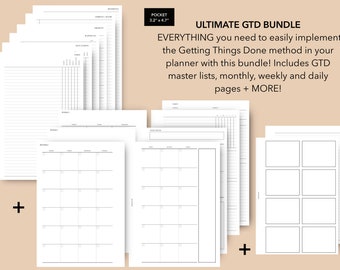 May include: A printable planner bundle for the Getting Things Done (GTD) method. The bundle includes master lists, monthly, weekly, and daily pages. The pages are designed for a pocket-sized planner, measuring 3.2 inches by 4.7 inches.
