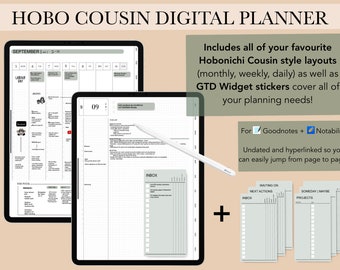 May include: A digital planner compatible with Goodnotes and Notability apps, showcasing a Hobonichi Cousin style layout with monthly, weekly, and daily views. The planner incorporates GTD widget stickers and is undated and hyperlinked for seamless navigation.