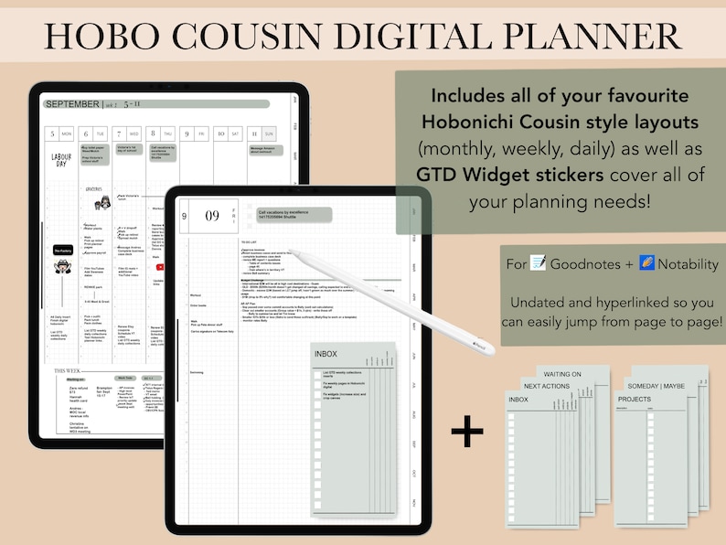 May include: A digital planner for Goodnotes and Notability apps, featuring a Hobonichi Cousin style layout with monthly, weekly, and daily views. The planner includes GTD widget stickers and is undated and hyperlinked for easy navigation.