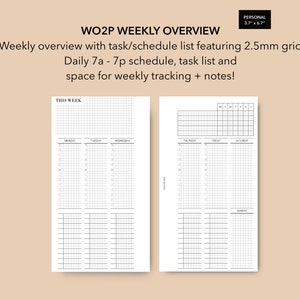 May include: A black and white weekly planner with a 2.5 mm grid. The planner includes a daily schedule from 7 am to 7 pm, a task list, and space for weekly tracking and notes. The text "THIS WEEK" is at the top of the planner.