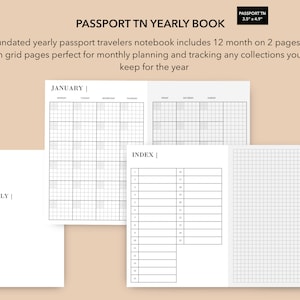 Paspoort TN jaarlijkse notebook, paspoort reizigers notebook maandelijkse invoeging, collecties notebook, afdrukbare paspoort TN invoegen, ongedateerd jaarlijks