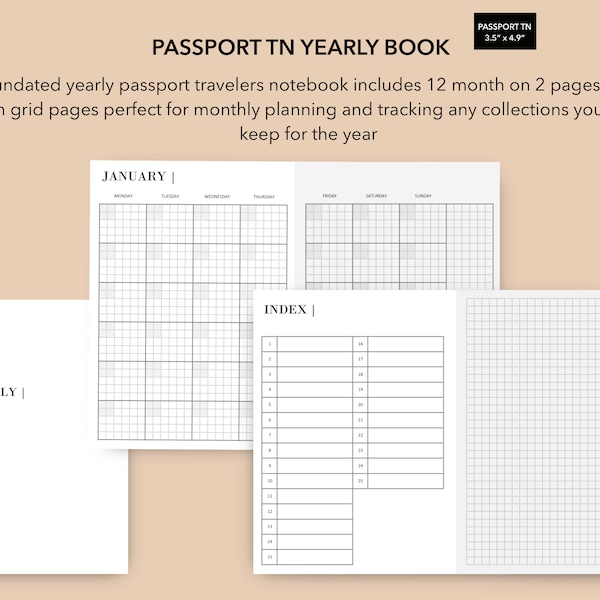 Passeport TN Annuel Carnet, Passeport Voyageurs Carnet Insert mensuel, Carnet de collections, Passeport imprimable Insert TN, Annuel non daté