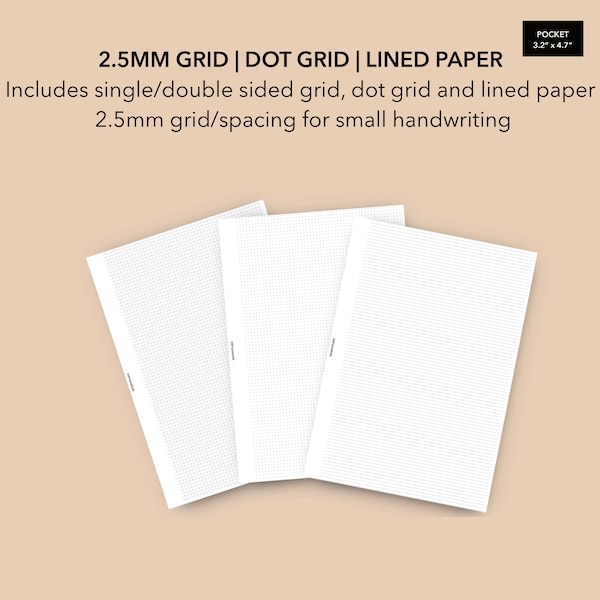 Pocket Basic Pages Inserts 2.5MM Abstand / Gitter, quadratisches Gitter, Punktraster, Liniertes Papier, druckbare Planer-Seiten, Filofax Pocket LV PM Refill