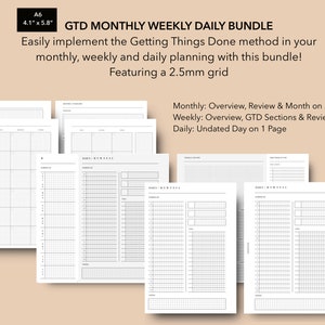 A6 Getting Things Done Printable Planner Inserts, GTD Method Monthly Insert, A6 WO2P, Daily Planner Pages, GTD by David Allen, GTD Printable
