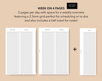 Demi-lettre Discbound Weekly Planner Insert, Printable Undated Grid Weekly Agenda PDF, Vertical Weekly Planner, Hourly Schedule, WO4P