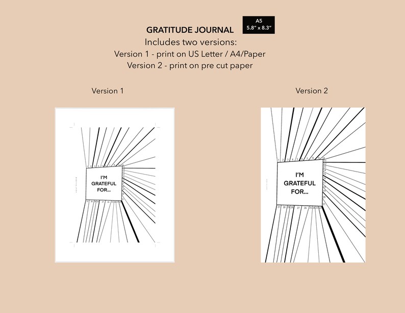 May include: Two printable versions of a gratitude journal. The journal features a black and white design with a square in the center that says "I'm Grateful For..." and lines radiating out from the square. The journal is designed to be printed on US Letter or A4 paper.