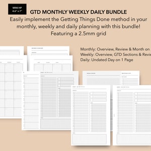May include: A printable planner bundle for organising tasks using the Getting Things Done method. The bundle includes monthly, weekly, and daily pages with a 2.5 mm grid. The pages are designed for a 4.6 x 7 inch notebook.