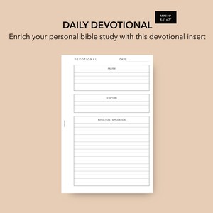 May include: A printable daily devotional planner with sections for prayer, scripture, and reflection. The planner is designed to help you enrich your personal bible study.