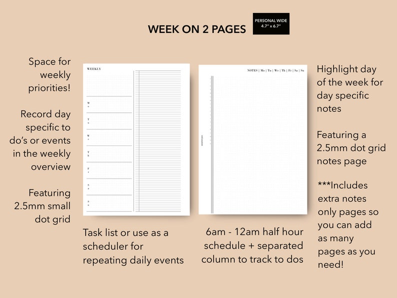 Personal Wide Weekly Planner Insert Printable Undated Dot | Etsy