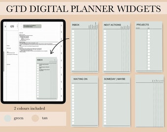 May include: Digital planner widgets for a GTD system. The widgets include sections for inbox, next actions, projects, waiting on, and someday/maybe. The widgets are in a light green color.