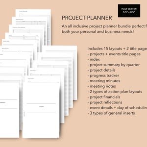 Pacote de planejador de projeto de meia carta, planejador de produtividade pessoal ou empresarial, inserções para reuniões, planejador de evento de discbound de meia carta