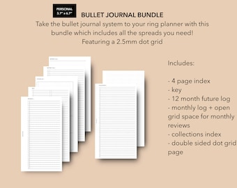 Paquete de diario de viñetas imprimible personal, inserciones de Bujo, inserciones de registros futuros, inserciones de registros mensuales, recargas de cuadrícula de puntos, planificador personal Filofax