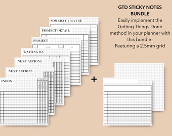 Getting Things Done Sticky Notes Bundle, Printable GTD method worksheet, Printable sticky notes bundle