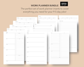 May include: A set of printable work planner inserts for a personal size planner. The inserts are designed for a 9-5 day job and include weekly, daily, and notes pages. The text on the image reads "WORK PLANNER BUNDLE PERSONAL 3.7" x 6.7" The perfect set of work planner inserts to cover everything you need for your 9-5 day jobs!"