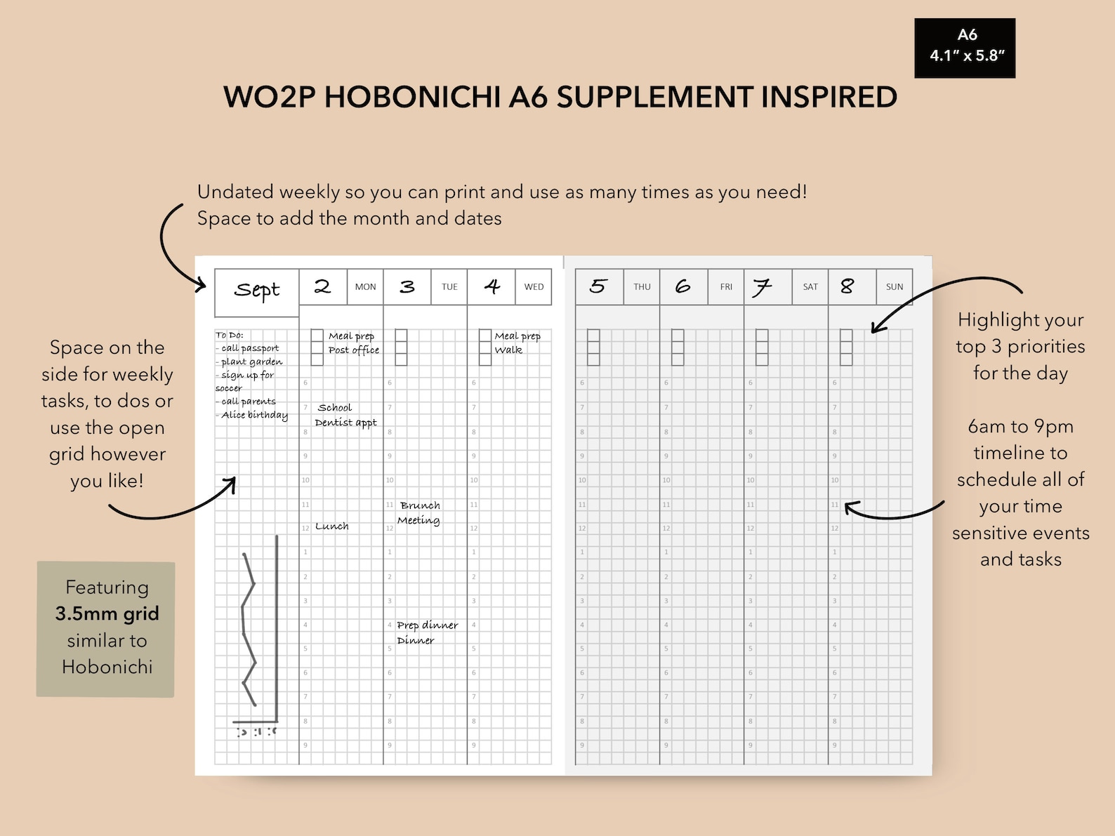 A6 Hobonichi Inspired Weekly Supplement Weekly 3.5mm Grid, Weekly ...