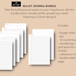 Peut inclure: Un lot de pages imprimables pour un bullet journal à utiliser dans un planificateur à anneaux, avec une grille de points de 2,5 mm. Le lot comprend un index de 4 pages, une clé, un journal des 12 prochains mois, un journal mensuel avec un espace de grille ouvert pour les revues mensuelles, un index des collections et une page de grille de points double face.