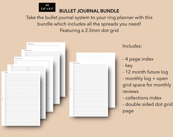 A5 utskrivbar bullet journal-paket, A5 bujo-inlägg, refills till punktrutnät, Filofax A5-planerare, LV GM-agendainlägg, registerinlägg