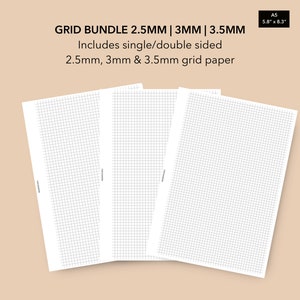 May include: Three sheets of grid paper in different sizes: 2.5mm, 3mm, and 3.5mm. Each sheet is A5 size, 14.7cm by 21cm. The grid paper is white with black lines.