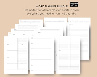 May include: A set of printable work planner inserts for a compact planner, measuring 4.25 inches by 6.75 inches. The inserts are designed for 9-5 day jobs and include weekly, daily, and notes pages.