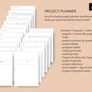 May include: A black and white image of a project planner bundle. The bundle includes 15 layouts and 2 title pages. The text on the image reads "PROJECT PLANNER" and "Includes 15 layouts + 2 title pages - projects + events title pages - index - project summary by quarter - project details - progress tracker - meeting minutes - meeting notes - 2 types of action plan layouts - project financials - project reflections - event details + day of scheduling - 3 types of general inserts".