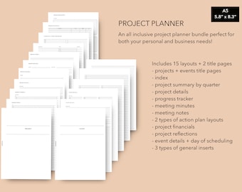 May include: A black and white image of a project planner bundle. The bundle includes 15 layouts and 2 title pages. The text on the image reads "PROJECT PLANNER" and "Includes 15 layouts + 2 title pages - projects + events title pages - index - project summary by quarter - project details - progress tracker - meeting minutes - meeting notes - 2 types of action plan layouts - project financials - project reflections - event details + day of scheduling - 3 types of general inserts".