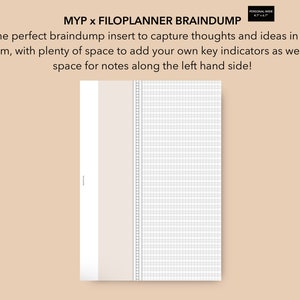 May include: A white braindump insert with a grid pattern on the right side and a blank space on the left side. The insert is designed for capturing thoughts and ideas in list form. The text "MYP x FILOPLANNER BRAINDUMP" is at the top of the insert.
