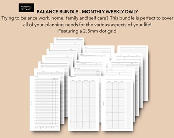 Personal Rings Balance Bundle Monthly Weekly Daily printable inserts, home and work planner, Filofax personal refill, inbox errand list