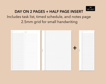 A5 Size Day on 2 Page Insert Small Grid Daily Insert, Half Page To Do List Insert, Filofax A5 Size Daily Planner Refill, LV GM Agenda Daily