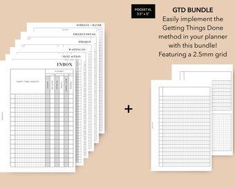May include: A printable planner bundle for the Getting Things Done (GTD) method. The bundle includes a set of 8.5 x 11 inch pages with a 2.5 mm grid and a set of 3.5 x 5 inch pages with a 2.5 mm grid. The pages are designed for use with the GTD method, which is a popular time management system.