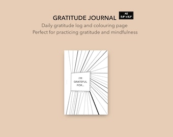Può includere: Un diario di gratitudine in bianco e nero con una pagina da colorare. Il diario è di formato A5, 5,8 pollici per 8,3 pollici. La copertina presenta un design in bianco e nero con una casella che dice "Sono grato per..."
