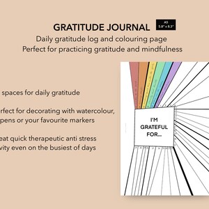 May include: A printable gratitude journal with a rainbow design and the text "I'm Grateful For..."  The journal has 31 spaces for daily gratitude and is perfect for coloring with markers, gel pens, or watercolor.