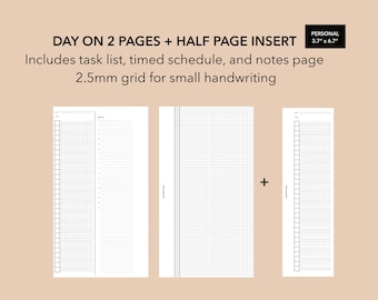 Personal Size Day on 2 Page Insert Small Grid Daily Insert, Half Page To Do List Insert, Filofax Personal Size Daily Planner Refill