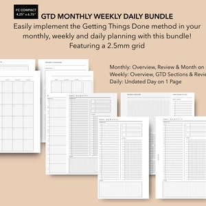 May include: A printable planner bundle for organizing tasks using the Getting Things Done method. The bundle includes monthly, weekly, and daily pages with a 2.5 mm grid. The pages are designed for a compact size of 4.25 inches by 6.75 inches.