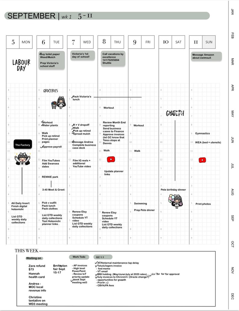 May include: A weekly planner with a September calendar, a list of tasks for the week, and a section for this week's waiting on and work to do items. The planner is decorated with illustrations of a factory, a park, and a birthday dinner.