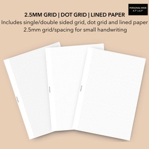 Personal Wide Basic Pages Inserts 2.5MM Spacing/Grid, Square Grid, Dot Grid, Lined Paper, Personal Wide Insert Printable Planner Pages PDF