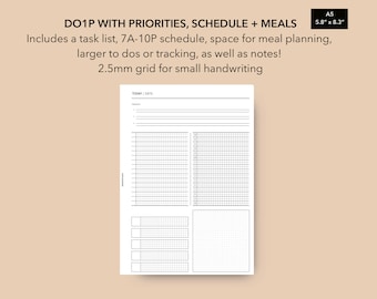 A5 2.5mm Grid Daily Schedule, Daily Planner A5 Planner Inserts, Daily Agenda Printable Inserts, DO1P Daily Printable PDF