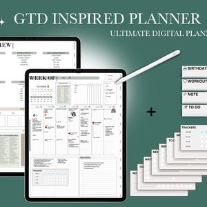 May include: Digital planner with the text "GTD Inspired Planner" and "Ultimate Digital Planner." The image shows two tablets displaying planner pages, a stylus, and various digital sticky notes for tracking. The planner includes sections for overview, weekly planning, and trackers.