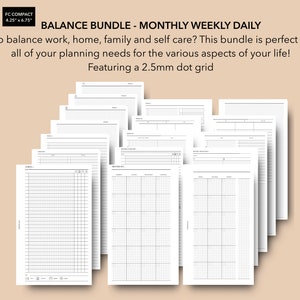 FC Compact Balance Bundle Mensal Semanal Diariamente inserções imprimíveis, planejador de casa e trabalho, inserções imprimíveis de lista de tarefas na caixa de entrada, dia em 2 páginas