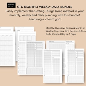 Personal Getting Things Done Inserciones de planificador imprimibles, Método GTD mensual, Paquete diario semanal, GTD David Allen, Inserciones personales de Filofax