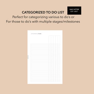 以下が含まれることがあります： 半分レターサイズ（14cm x 21.5cm）の印刷可能なTODOリストテンプレート。タスクを分類するためのグリッドレイアウトと、メモ用のセクションがあります。