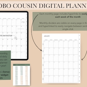 May include: A digital planner with a monthly calendar view for January. The planner includes hyperlinks to easily jump to each week of the month. The planner is undated so it can be reused year after year. The planner also includes a bonus set of GTD widget stickers.