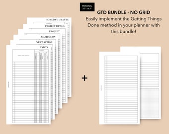 May include: A printable planner bundle for implementing the Getting Things Done method. The bundle includes a set of pages for "Someday/Maybe", "Project Detail", "Project", "Waiting On", "Next Action", and "Inbox". There is also a page with lined paper and a page with a grid.
