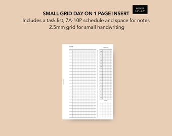 May include: A black and white printable planner page with a 2.5mm grid. The page is designed for a pocket-sized planner and includes a date section, a 7 AM to 10 PM schedule, a task list, and space for notes.