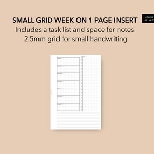 Könnte beinhalten: Eine schwarz-weiße druckbare Planerseite mit einem wöchentlichen Rasterlayout. Die Seite enthält eine Aufgabenliste und Platz für Notizen. Das Raster hat einen Abstand von 2,5 mm, geeignet für kleine Handschrift. Die Seite ist für einen 3,2 x 4,7 Zoll großen Taschenplaner konzipiert.