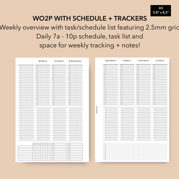 A5 Weekly with Schedule and Tracker 2.5mm Grid, Weekly Planner Insert, Filofax A5 Refill, LV GM Agenda WO2P, Printable A5 Insert PDF