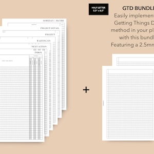 Half Letter NO GRID GTD Bundle, Getting Things Done Inserts, Inbox Inserts, Franklin Covey Classic Inserts, Half Letter Inserts
