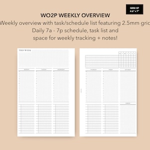 May include: A white weekly planner page with a grid pattern, featuring the text "WO2P WEEKLY OVERVIEW". The planner includes space for daily schedules, task lists, and weekly tracking. The dimensions are 4.6" x 7".