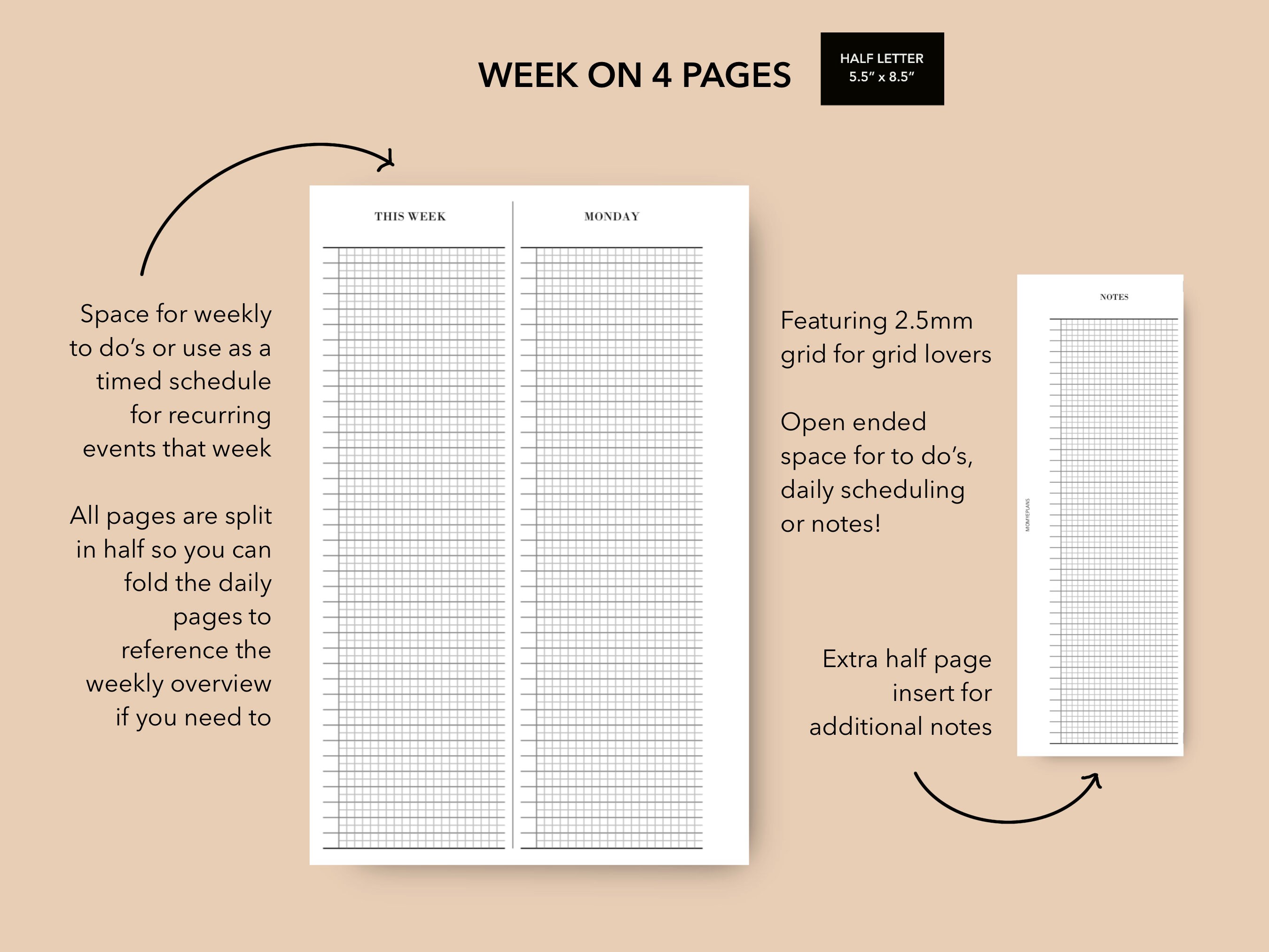 Half Letter Discbound Weekly Planner Insert, Printable Undated Grid ...