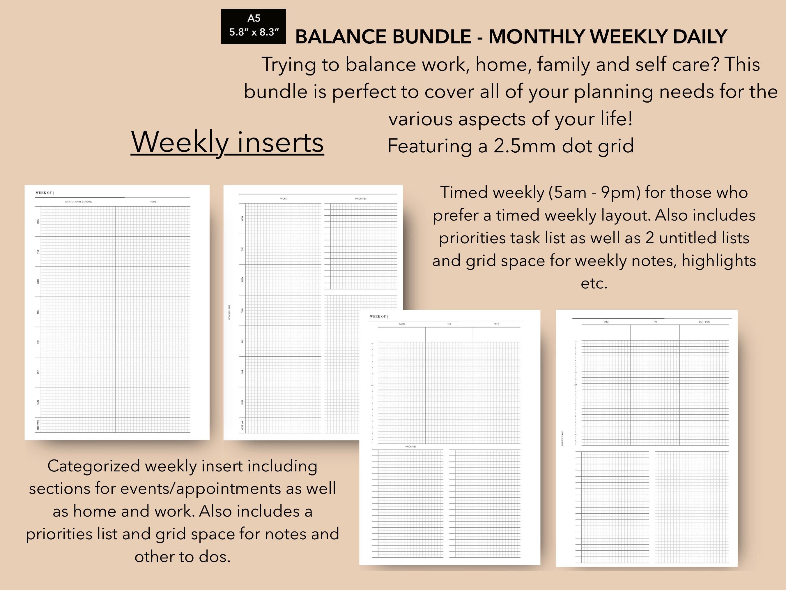 Weekly Balance Check Planner A5 Monthly Weekly Daily Balance Bundle Printable Inserts, Home and Work ...